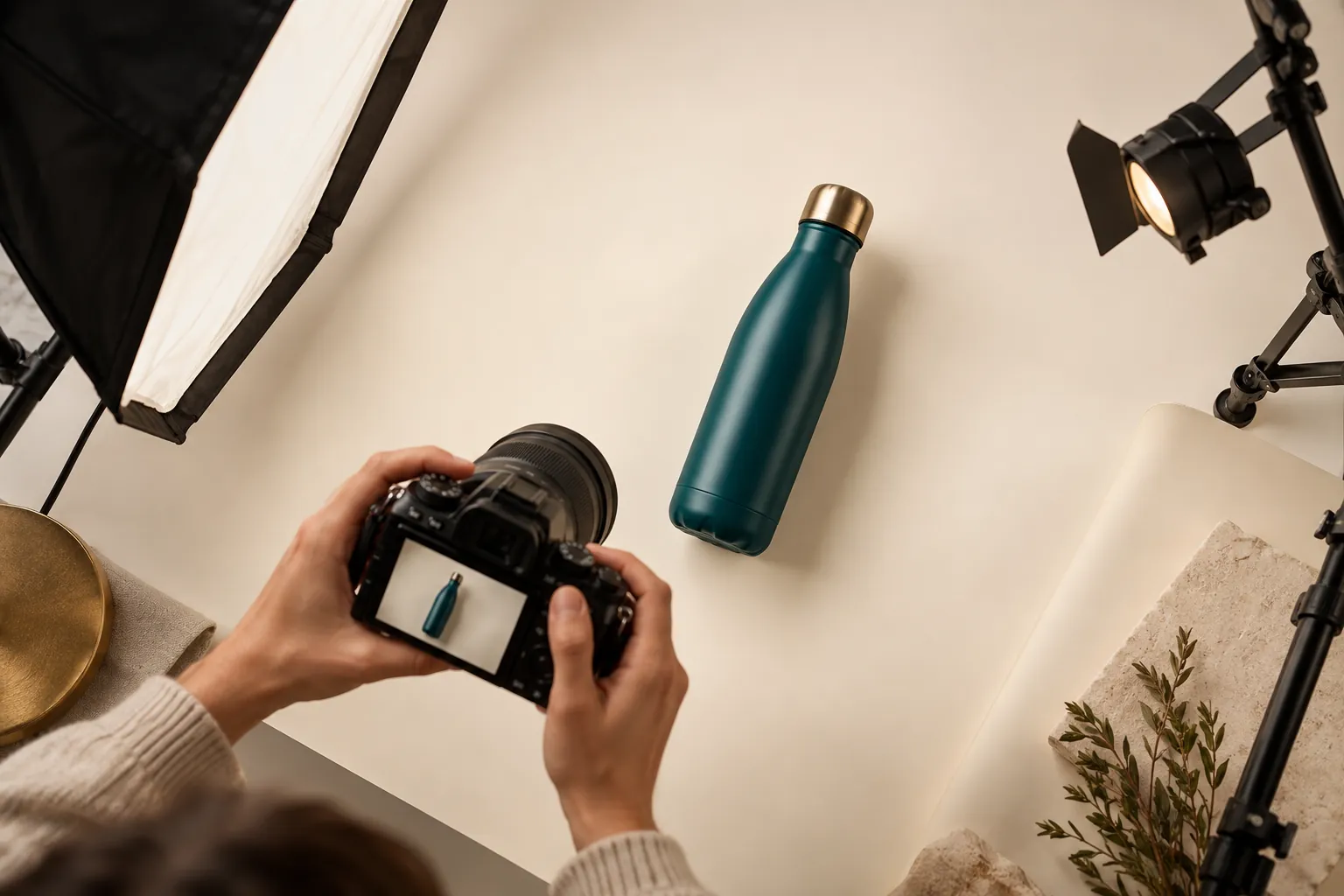 Photographing a teal water bottle for a product listing
